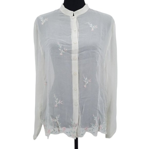 Vintage Tops - VTG 80s Smithsonian Institution Sheer Chiffon Embroidered Scalloped Hem Blouse M